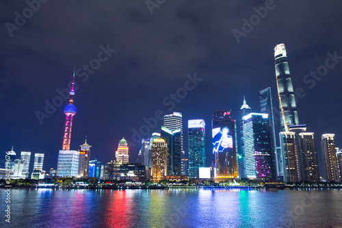 Shanghai. The tower is the Pearl of the East and skyscrapers of Pudong district.