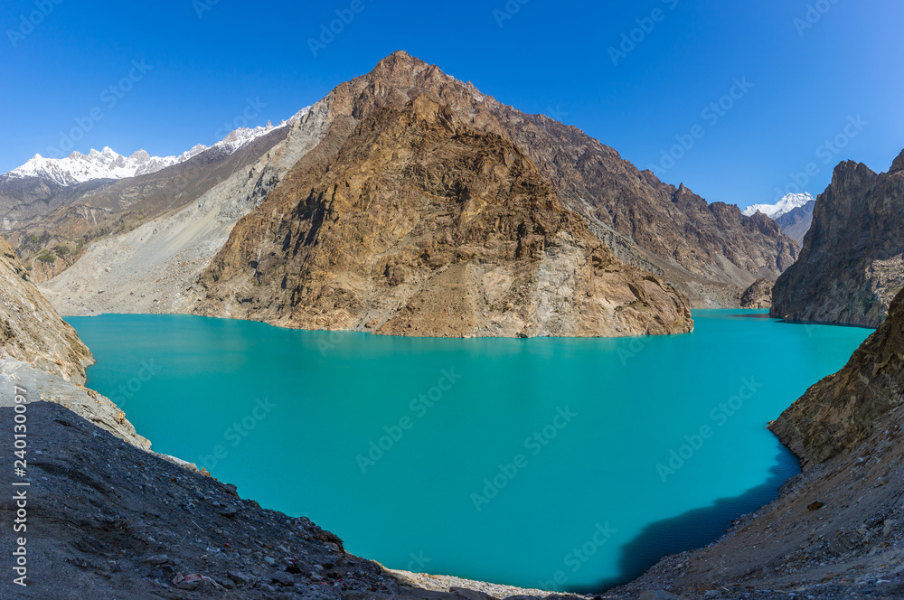 Panorama view of The beautiful turquoise colour of Attabad lake in autumn season at northern Pakistan.