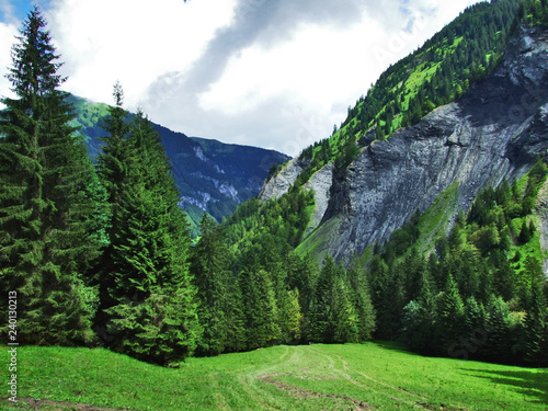 Ponds and hills in the valley Weisstannenthal - Canton of St. Gallen, Switzerland photo