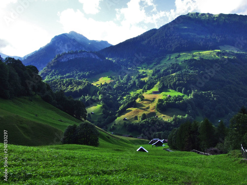 Ponds and hills in the valley Weisstannenthal - Canton of St. Gallen, Switzerland photo