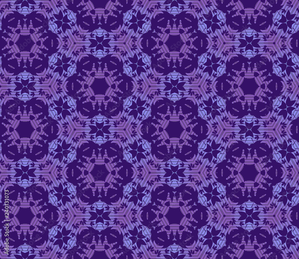 Seamless hexagonal pattern from violet geometrical abstract ornaments on a dark purle background. Vector illustration. Suitable for fabric, wallpaper and wrapping paper Seamless hexagonal pattern from violet geometrical abstract ornaments on a dark purle background. Vector illustration. Suitable for fabric, wallpaper and wrapping paper