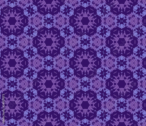 Seamless hexagonal pattern from violet geometrical abstract ornaments on a dark purle background. Vector illustration. Suitable for fabric, wallpaper and wrapping paper