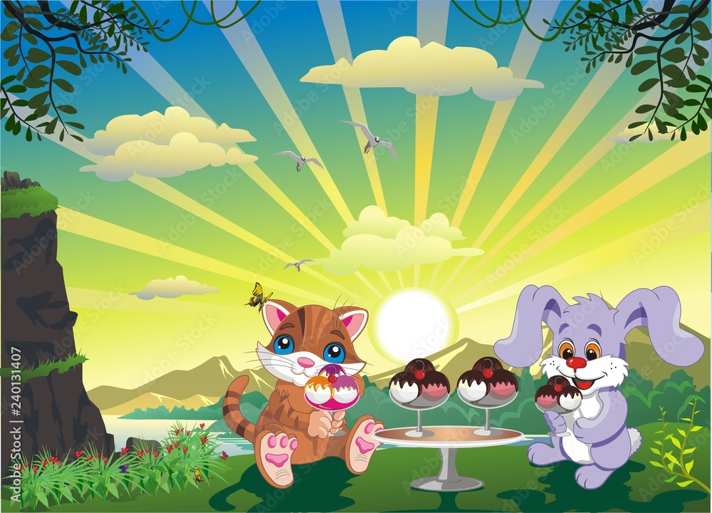 Naklejka premium Picture - Kitten And Bunny With Ice Cream Outdoors 