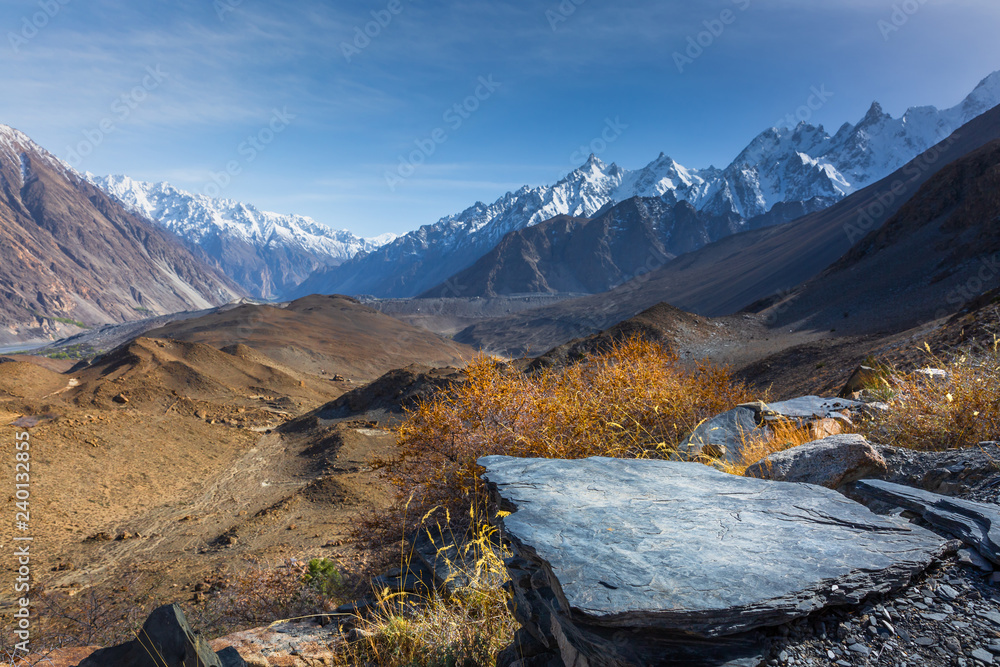 Fototapeta premium Landscape of snow capped mountain range. A view from the glacier, Babusar Pass, Khyber Pakhtunkhwa, Gilgit Baltistan, Northern Pakistan.