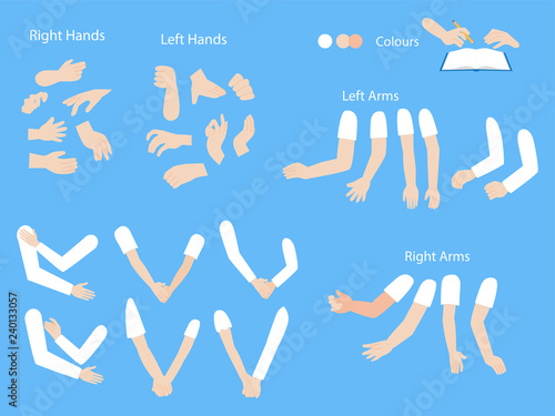 Vászonkép Set of human hands with different gestures collection for design, animation,Palm and finger draw icons, skin, white Long sleeved shirt, arm on blue background, flat style cartoon vector illustration