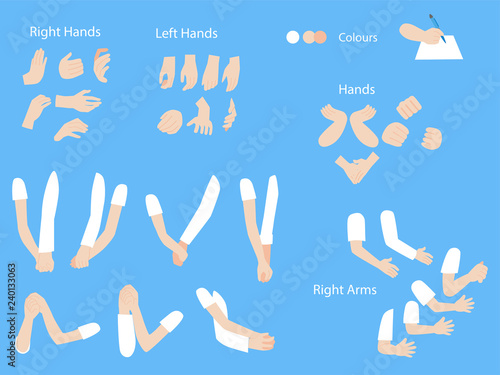 Set of human hands with different gestures collection for design, animation,Palm and finger draw icons, skin, white Long sleeved shirt, arm on blue background, flat style cartoon vector illustration.