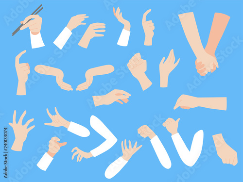 Set of human hands with different gestures collection for design, animation,Palm and finger draw icons, skin, white Long sleeved shirt, arm on blue background, flat style cartoon vector illustration.