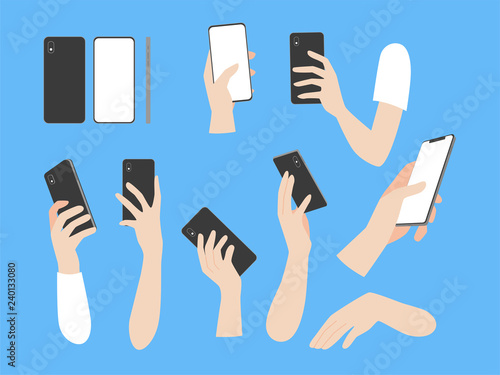 Set of Hands, Set of human hands hold Smart Phone concept, animation, finger, arm, skin on gray background, flat style cartoon vector illustration.