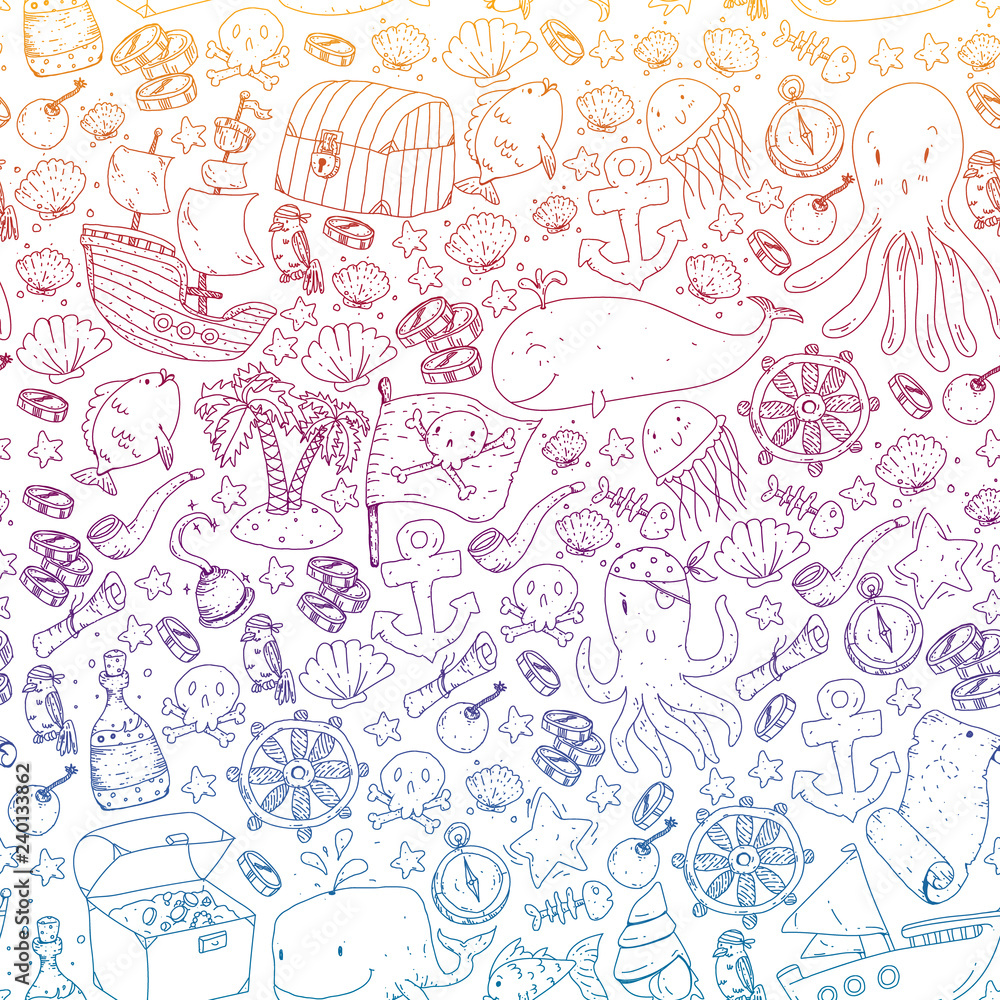 Naklejka premium Vector pirate pattern for small boys and girls. Kindergarten, birthday party. Wallpaper for children room, wrapping paper.