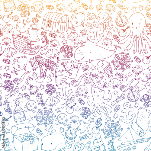 Vector pirate pattern for small boys and girls. Kindergarten, birthday party. Wallpaper for children room, wrapping paper.