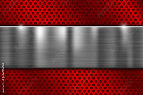Red perforated metal texture with brushed steel plate