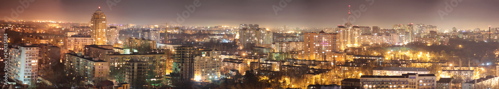 From above night view of Odessa city burning with lights in night time, Ukraine.
