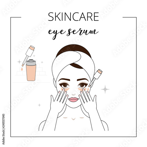 Woman using eye serum, taking care about face. Lined vector illustration.