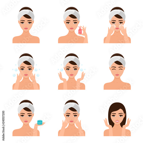 Beautiful woman take care about her face. Illustrated steps how to take care of skin, daily care. Isolated flat illustrations set.