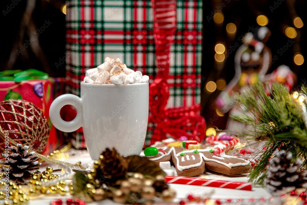 cocoa with marshmallows on a white background, Christmas mood, Christmas toys, Christmas cookies