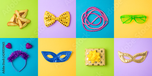 Jewish holiday Purim background with carnival mask, hamantaschen cookies and noisemaker