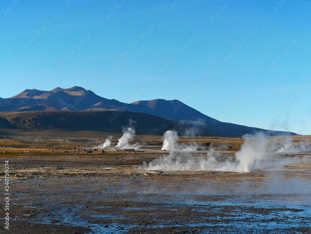 Sunrise on th El Tatio Geysers geothermal field, Chile