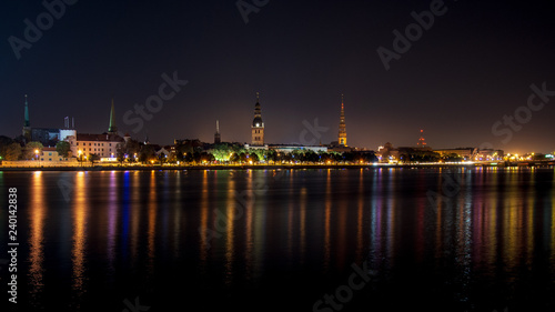 night city lights panorama of Riga in Latvia