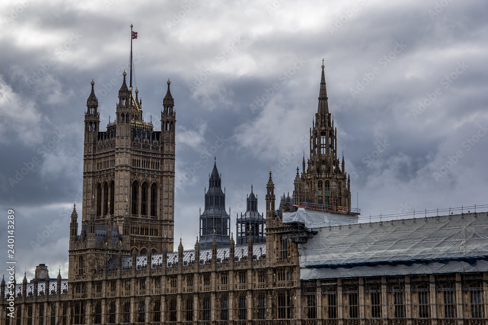 Close up view of Houses of Parliament and Big Ben. London, England.