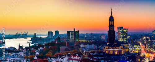 Panoramic aerial view of the harbor, St. Michael's Church (German: St. Michaelis) and downtown Hamburg, Germany. photo