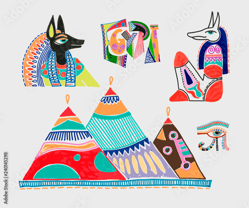 set of marker sketch drawing of egyptian mythological elements