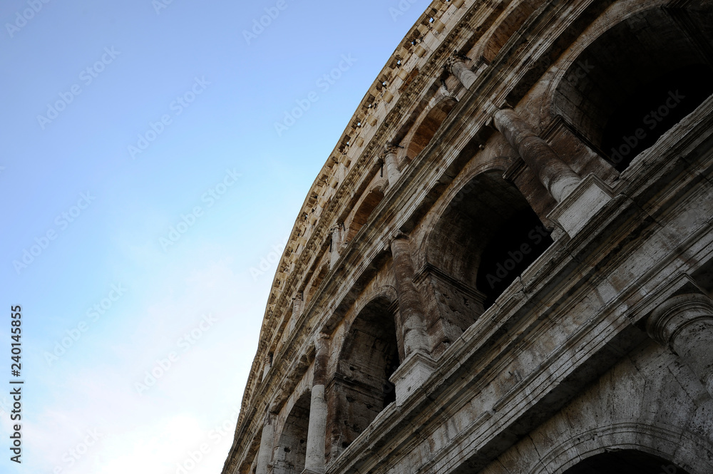 A section of the facade of the Colosseum (Flavian Amphitheatre) in Rome, Lazio, Italy