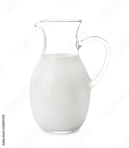 Jug with fresh milk on white background