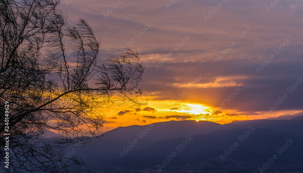 mountain sunset romantic lighting beautiful nature background wallpaper scenic panorama landscape with black bare tree branches silhouette on foreground 