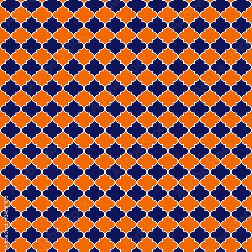 Orange and Navy Quatrefoil Seamless Pattern - Orange, white, and navy blue quatrefoil trellis design