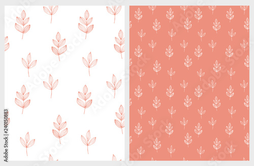 Cute Hand Drawn Abstract Twigs Vector Patterns. Living Coral and White Simple Background. Floral Repeatable Patterns. Hygge Style Illustration. Red and White Twigs. 