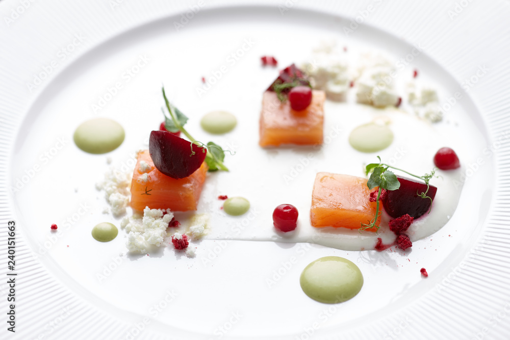 Salmon served in a restaurant specializing in molecular cuisine Salmon served in a restaurant specializing in molecular cuisine