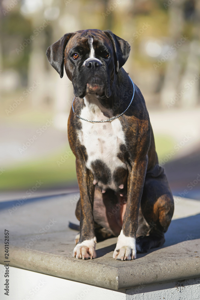 Brindle Boxer dog with natural ears and a chain collar sitting outdoors in  the park in autumn Stock Photo | Adobe Stock