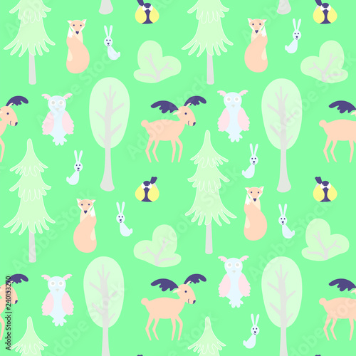 Wild forest seamless pattern. Cute animal and plant forest vector color characters on green. Sketch fox, rabbit, hare, bear, fir tree, great tit, elk, reindeer, owl in pastel blue, pink, green