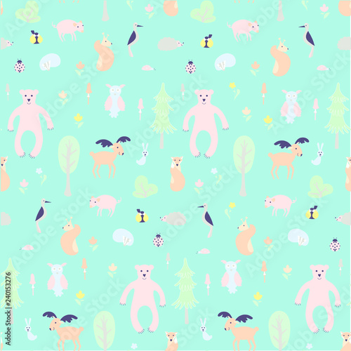 Wild forest seamless pattern. Cute animal and plant forest vector color characters on blue. Sketch fox, rabbit, hare, bear, fir tree, flowers, mushroom, great tit, hedgehog, squirrel, woodpecker, pig,