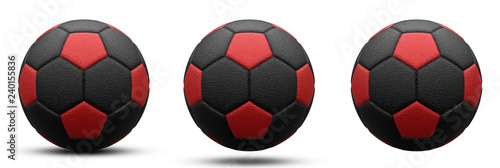 black and red soccer ball in three versions  with shadow and without. Isolated on white. 3d render.