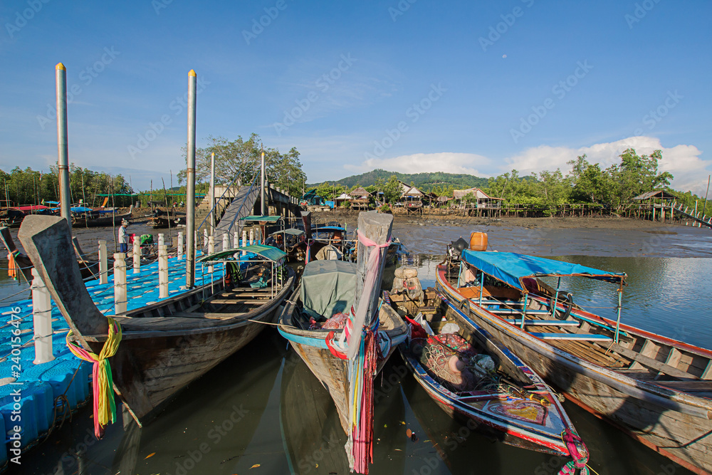 View of the community Samed Nang Chee Harbor in the village banhin rom co-operation pier, with the viewpoint of tropical Phang Nga Thailand.