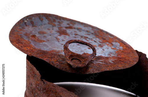 Old rusty tincan on white background