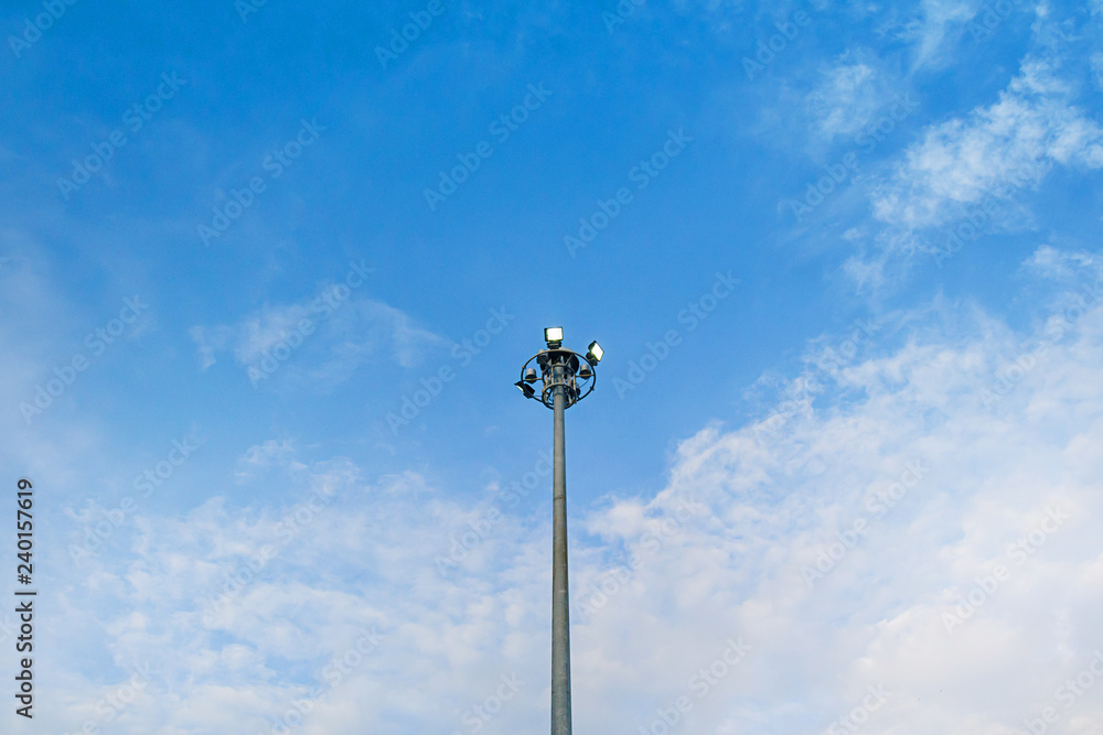 Electric pole blue sky background, morning In a tropical area, Phuket Thailand