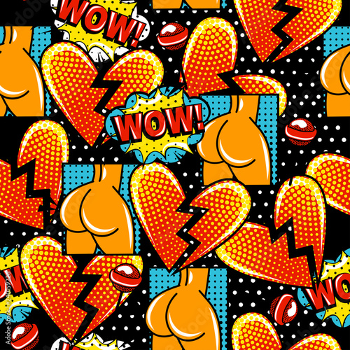 Sexy and funny pattern in style pop art with big booty, hurts and lollipops. Wow background.