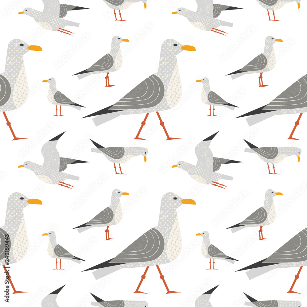 Obraz premium Cute hand drawn sea gull seamless pattern. Childlike flat vector background. Quirky seagulls sea life design element. Simple modern geometric style, textured shape illustration for fabric, wallpaper