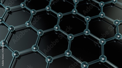 3D illustration of a glowing crystal lattice of graphene  carbon molecule  superconductor  material of the future  on a dark background. The idea of nanotechnology. 3D rendering