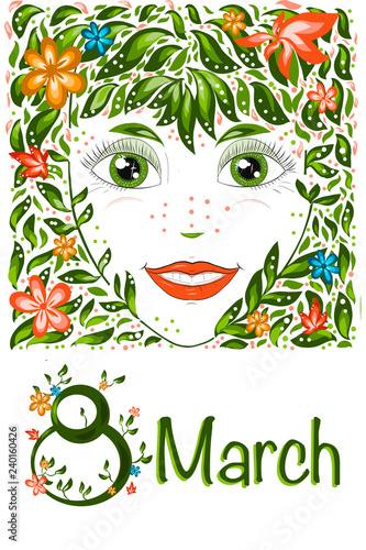 Fototapeta Naklejka Na Ścianę i Meble -  Spring Beautiful girl  portrait.  Girl spring, summer, symbolizes flowering, joy. Postcard March 8, International Women's Day.