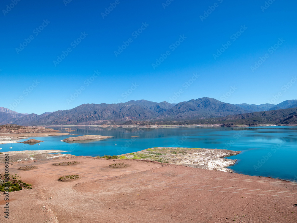 View on Potrerillos reservoir and nearby area in Mendoza province in Argentina