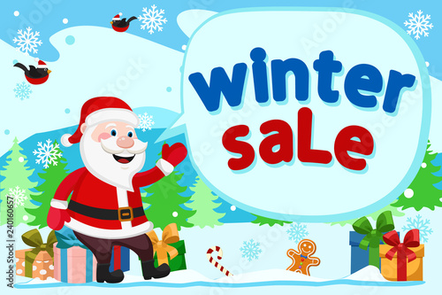 Santa Claus sits on gift boxes and shows his hand on the inscription. Winter sales.