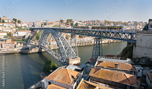 Subway Train crossing the Dom Luis I Bridge in Porto Portugal. Panoramic view photography