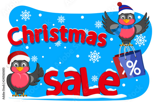 Two birds bullfinches shows like and holding shopping bags. Christmas sales.
