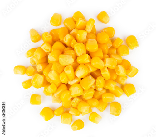 A heap of canned corn on a white. The view from the top.
