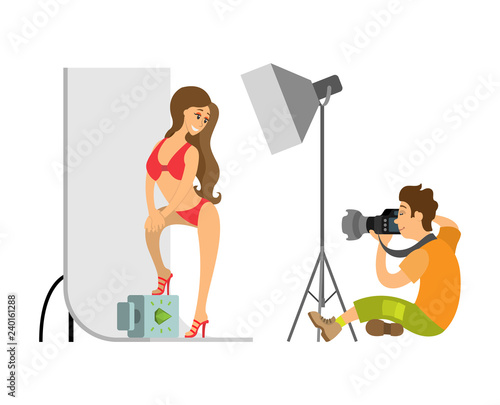 Model in Swimsuit and Photographer at Photo Studio
