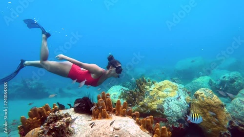 Underwater footage of girl snorkeling with coral reef and tropical fish in the Caribbean Sea