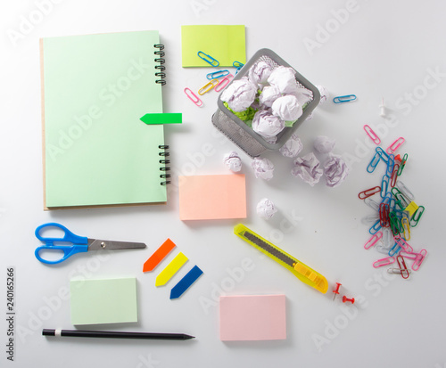 School and office supplies on white background with copy space. Top view.